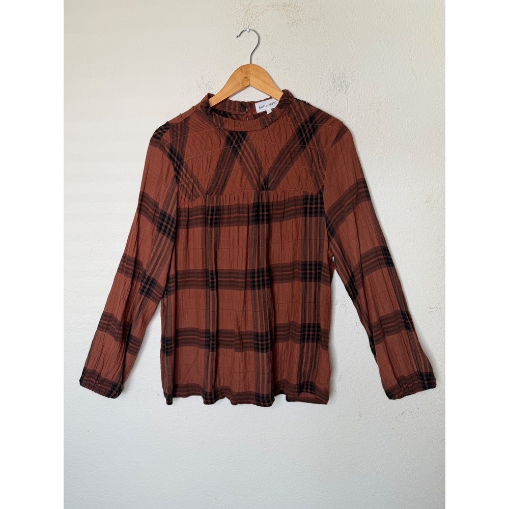 Bella Dahl Plaid Blouse Long Sleeve Shirred Neck Smocked Top Brown Black Plaid